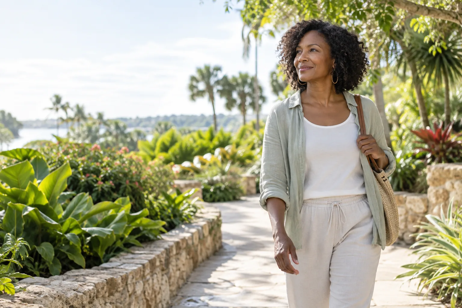 Une femme noire marche avec assurance dans un jardin lumineux
