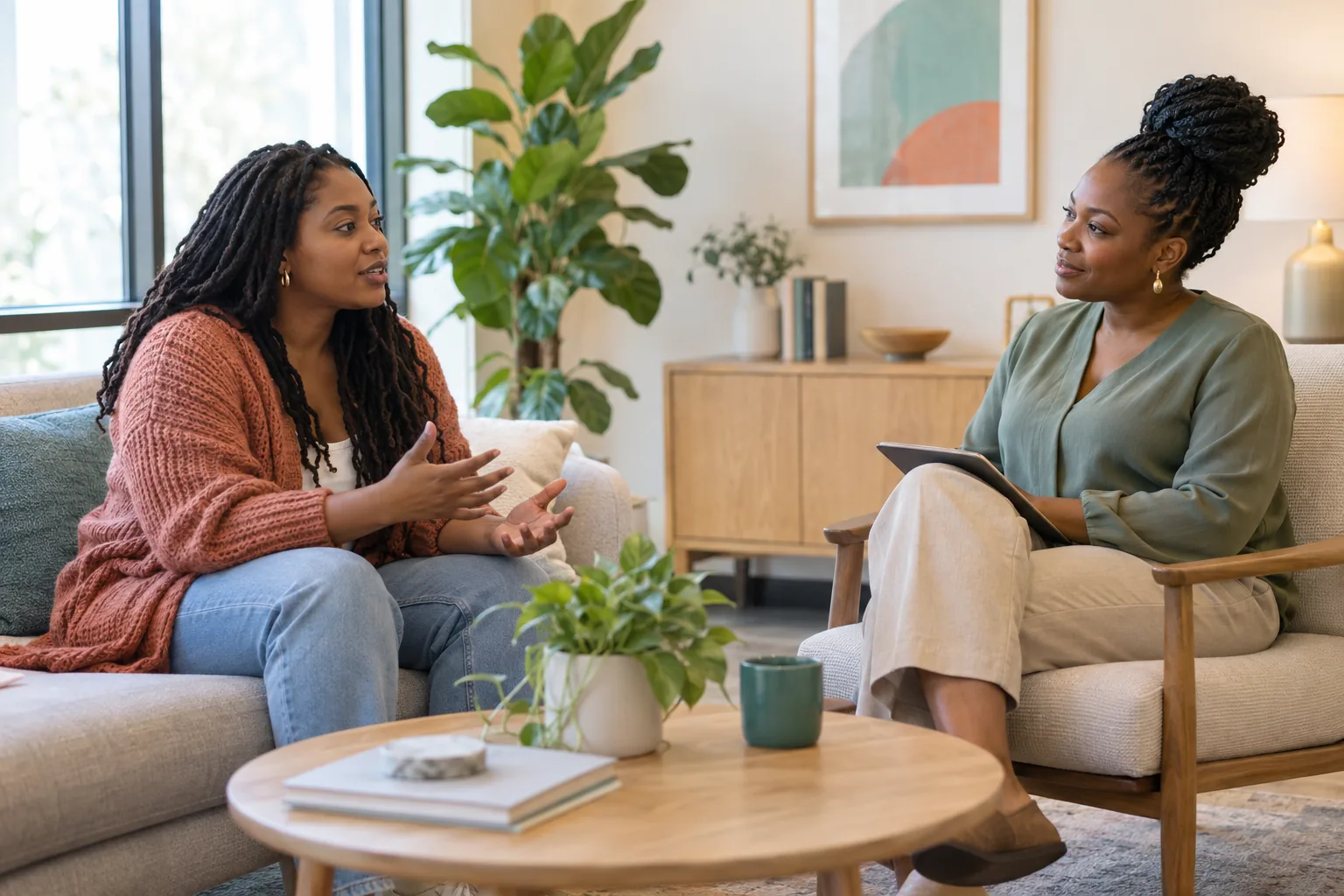 Une femme noire échange avec une professionnelle de santé mentale attentive