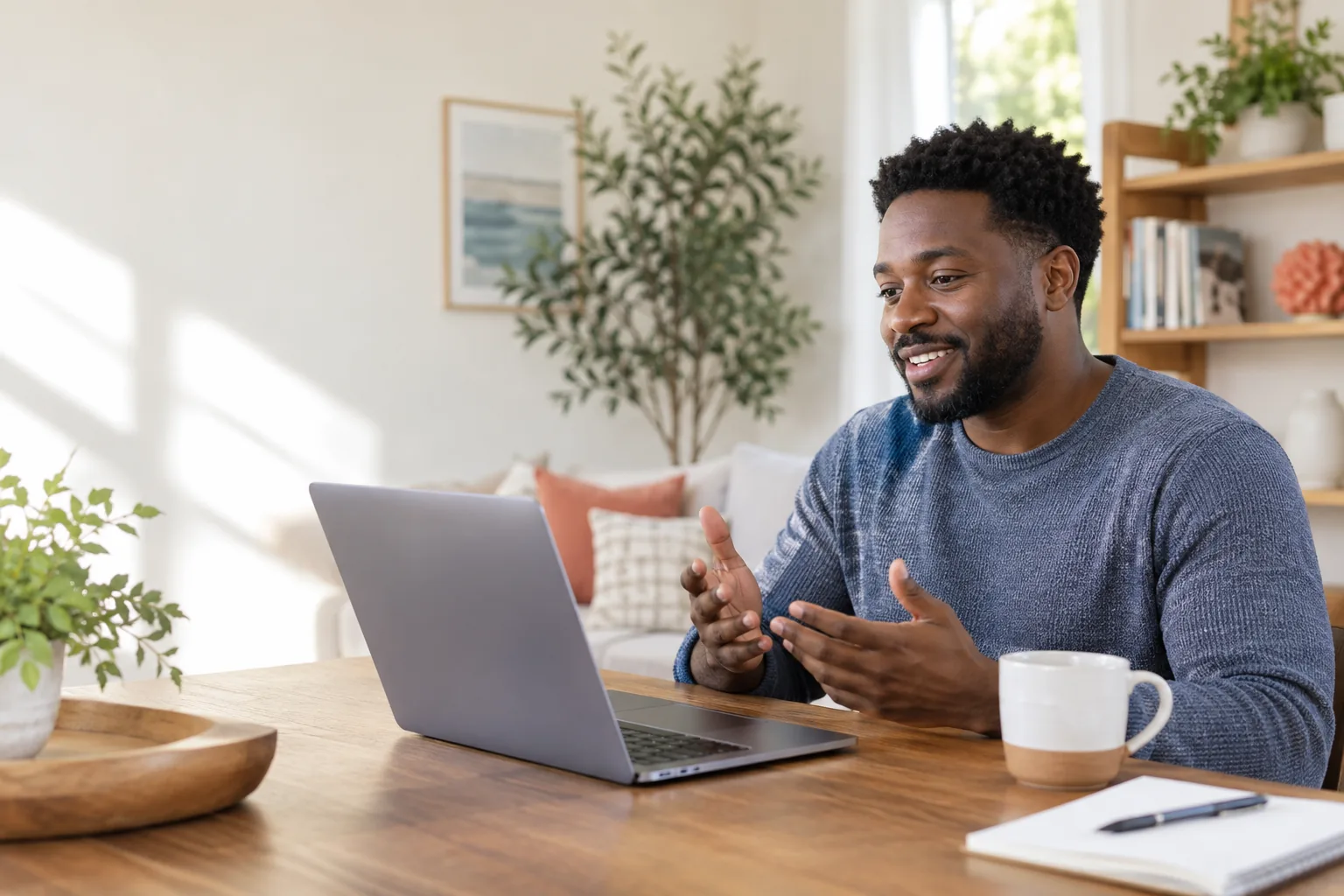 Un homme noir participe à une téléconsultation privée depuis son domicile